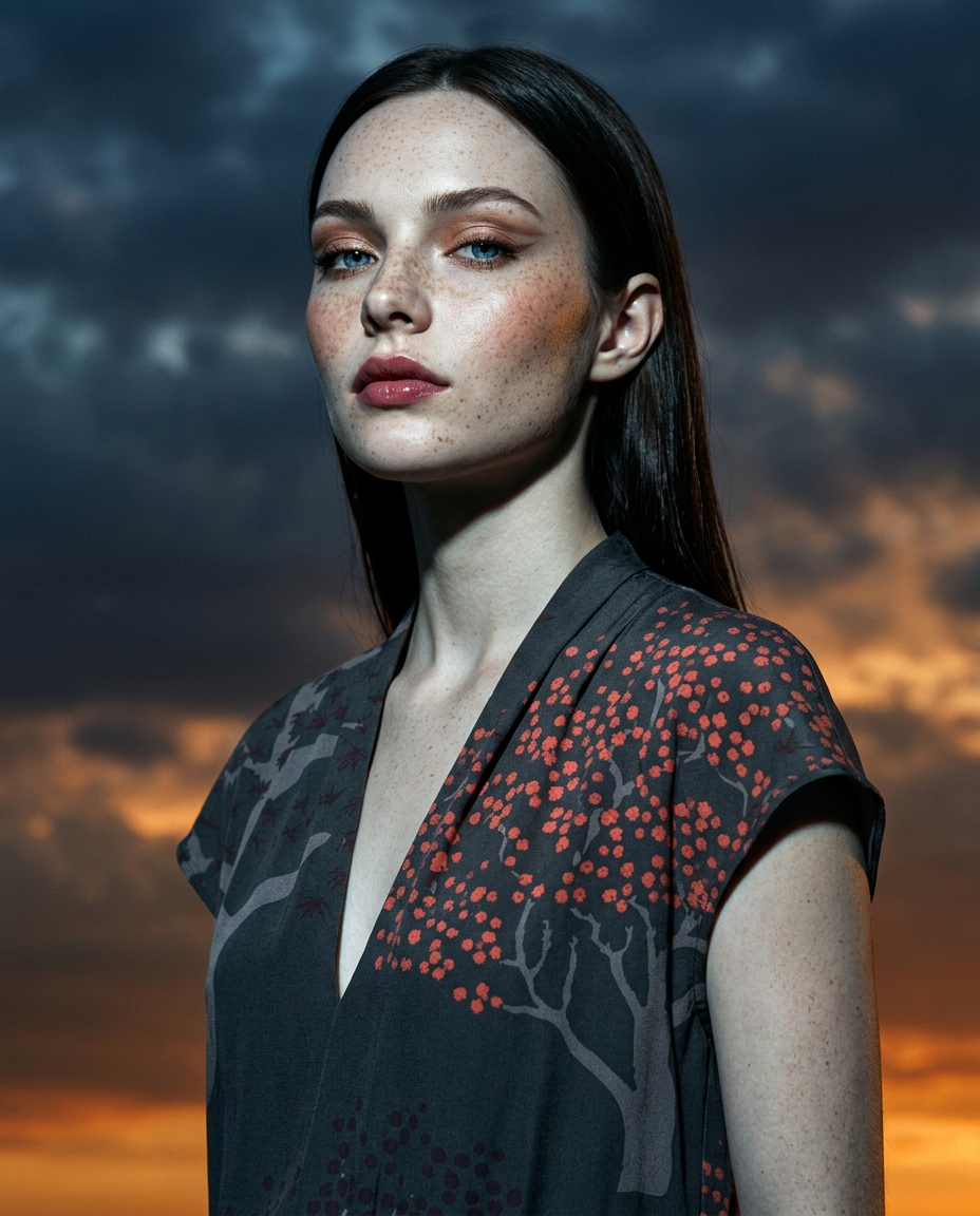 Editorial portrait of Talent in a printed silk blouse at dusk